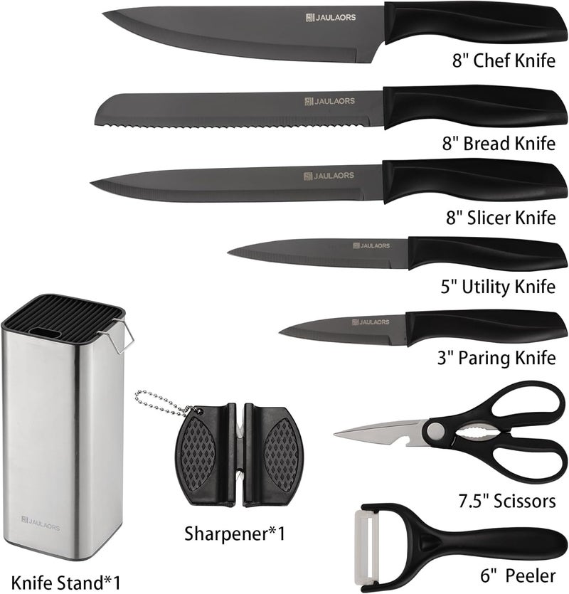 Jaulaors Knife set, 9 Pieces Knives Set for Kitchen with Block and Sharpener, Stainless Steel Dishwasher Safe Knives Set for Kitchen Home Use, Black - Image 2